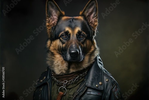 Portrait of a German Shepherd dog dressed as a biker