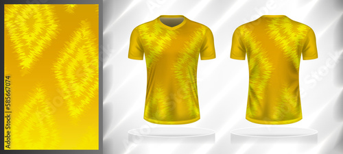 Vector sport pattern design template for V-neck T-shirt front and back with short sleeve view mockup. Shades of yellow-orange color gradient abstract tie dye texture background illustration.