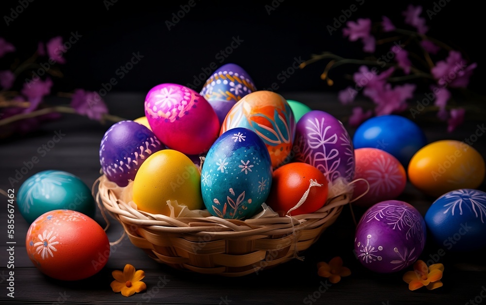 Easter eggs in a basket. Generative AI technology.