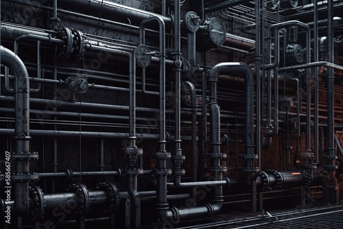 maze of pipes and valves in an industrial setting. Generative AI