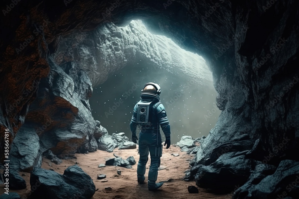 space explorer standing inside a cave on an alien planet. Generative AI