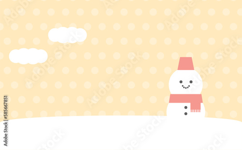 雪景色と雪だるまのイラスト　背景　オレンジ　ドット柄