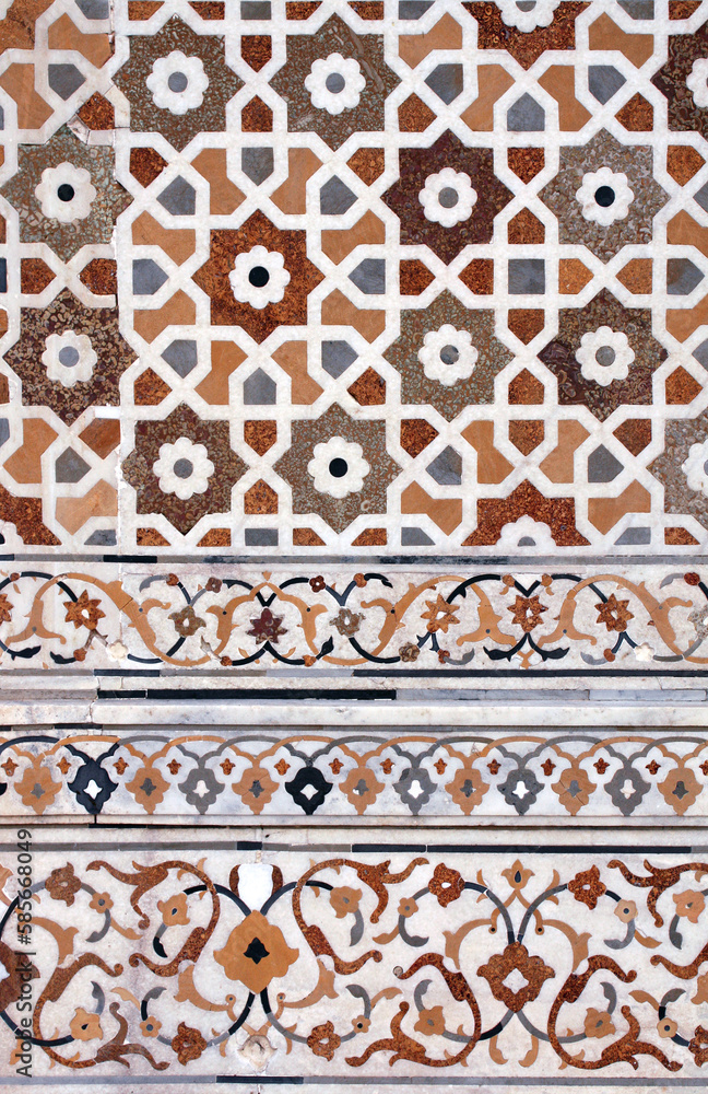 Mosaic of amber, jasper and marble. Ancient decorative ornament wall of famous Itimad-ud-Daula mausoleum, India