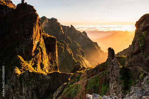 Sunrise on hiking trial from Pico do Areeiro, Madeira highest mountains, Portugal photo