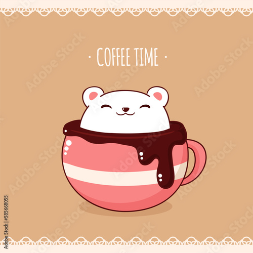 Square retro card with cute animal in cup in kawaii style. Vintage style card with lovely little polar bear in cup. Can be used for t-shirt print, stickers, greeting card design. Vector illustration 