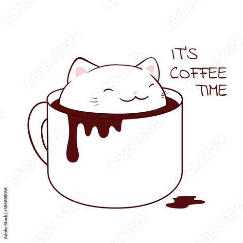 Square retro card with cute animal in cup in kawaii style. Vintage style card with lovely little cat in cup. Can be used for t-shirt print, stickers, greeting card design. Vector illustration EPS8