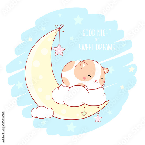Cute fat cat sleeping on cloud. Inscription Good night and sweet dreams. Can be used for for childish t-shirt prints, nursery poster,  baby shower greeting card