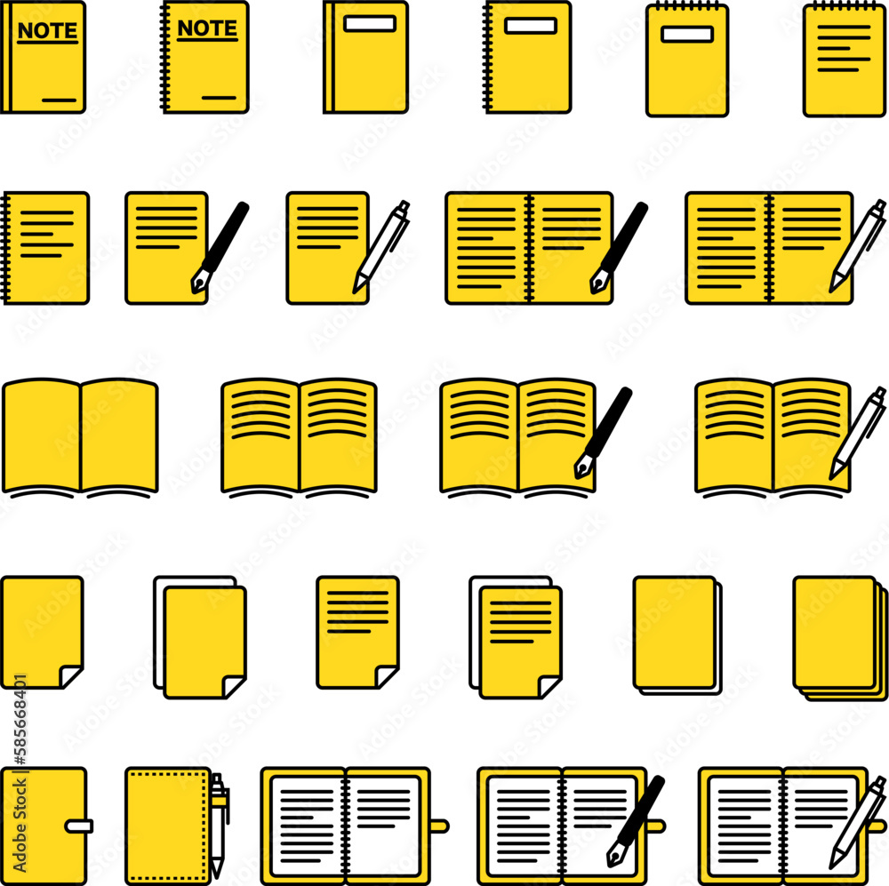 Notebook and pen icon set drawn with simple lines Notebook and pen icon set drawn with simple lines