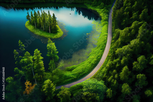 Aerial top view of country road in green summer forest and blue lake. Generative Ai