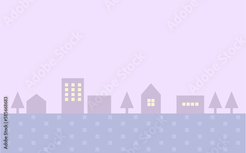 夜のシンプルな街並みのシルエットイラスト背景素材　照明あり