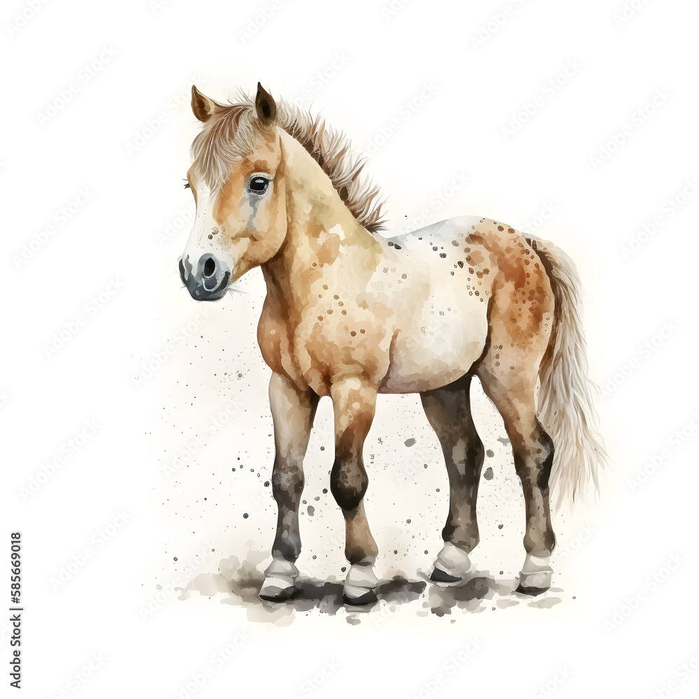 Obraz premium Illustration of funny watercolor horse. Graphics for fabric, t-shirt, greeting card, sticker. Illustration by Generative Ai