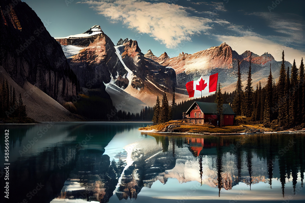 Canada flag and beautiful Canadian landscapes. Generative Ai