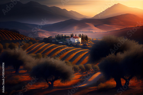 Landscape at sunset in olive farm © Grafvision