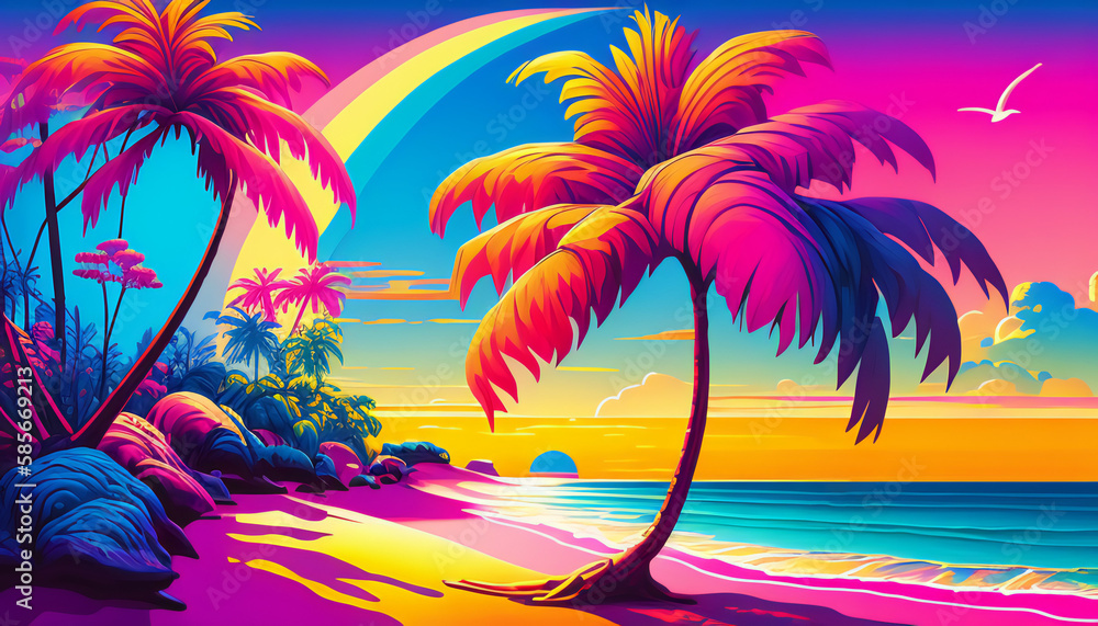 Ocean Tropical resort landscape. Sea shore beach, sun, exotic silhouettes palms, coastline, clouds, sky, summer vacation. Generative AI