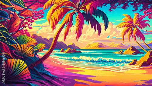 Ocean Tropical resort landscape. Sea shore beach  sun  exotic silhouettes palms  coastline  clouds  sky  summer vacation. Generative AI