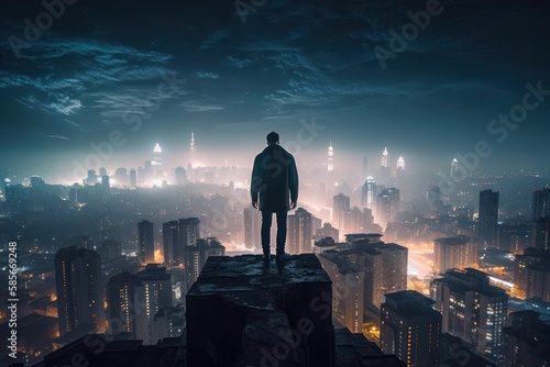 Solitude amidst the city lights: A man standing on the rooftop of a crumbling skyscraper, Generative AI.