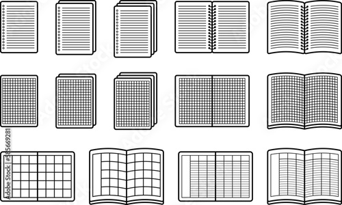 A set of notebook icons, simple writing utensils, illustrations, stationery, graph paper, schedule book