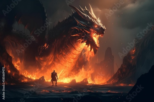 the Fury  Witness the Epic Battle of Good vs. Evil as a Giant Dragon Breathes Explosive Fire in the Black Night - Concept Art  Generative AI.