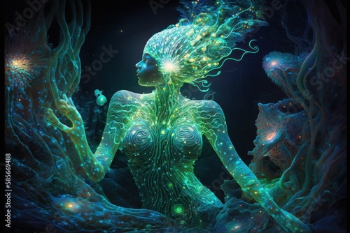Luminous alien underwater. Beautiful illustration picture. Generative AI