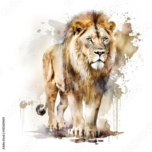 Cute watercolor lion. Funny animal design for fabric  t-shirt  greeting card  sticker. Illustration by Generative Ai 