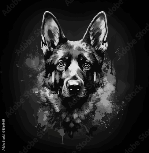 Black and white splat paint style close portrait of a German Shepherd breed dog isolated on black background. Vector. Generative AI