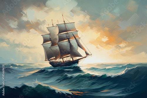 Capturing the Serenity of the Sea: A Stunning Oil Painting of a Sailboat on Canvas, Generative AI.
