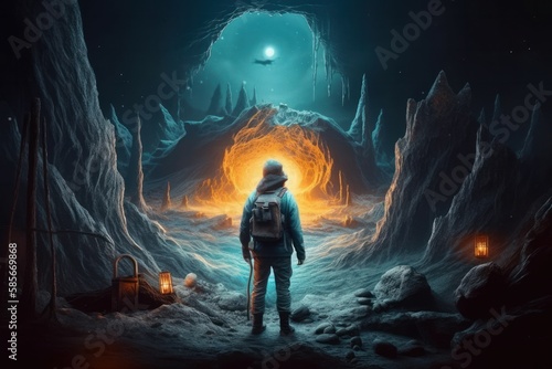 Journeying into the Unknown  A Haunting Painting of an Explorer Discovering Diamonds in a Spooky Environment  Generative AI.