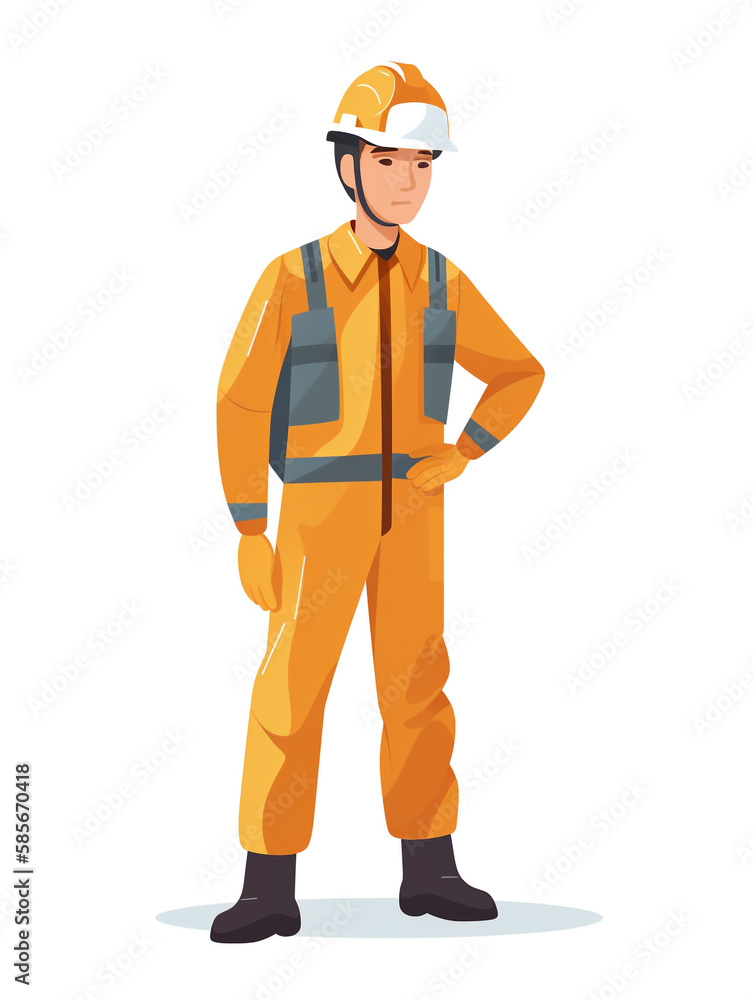 Cartoon style illustration of a male construction worker standing on a white background. He wears clothing and safety equipment appropriate to the construction work he will be doing.