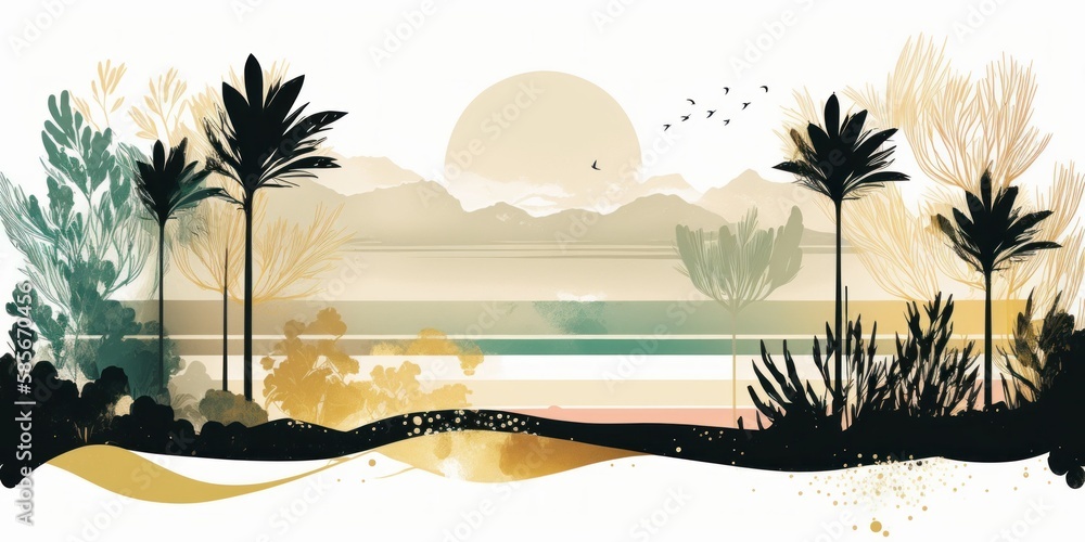 Conception of vacation and travel. Sea and palms on the beach. Beautiful illustration picture. Generative AI