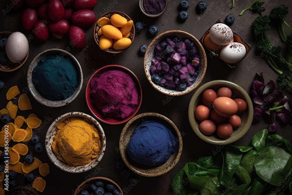 table with a variety of food-filled bowls. Generative AI table with a variety of food-filled bowls. Generative AI