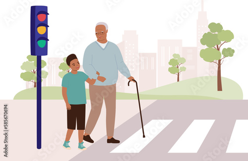 Smiling Black Boy Helping Senior Man With Walking Cane To Cross The Pedestrian Crosswalk. Full Length. Flat Design Style, Character, Cartoon.