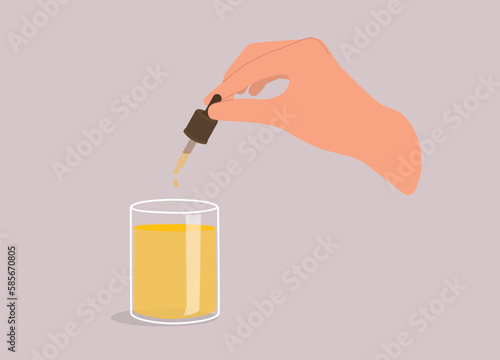 A Person’s Hand Using Glass Pipette Dropper To Squeeze Liquid Into A Drinking Glass. Close-Up. Flat Design Style, Character, Cartoon.