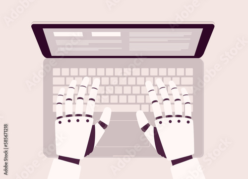 Top View Of Both Robotic’s Hand Typing On Laptop’s Keyboard. Close-Up. Flat Design Style, Character, Cartoon.