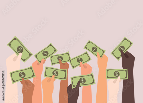 Diverse Group Of Human’s Hand Holding Cash Money. Close-Up. Flat Design Style, Character, Cartoon.