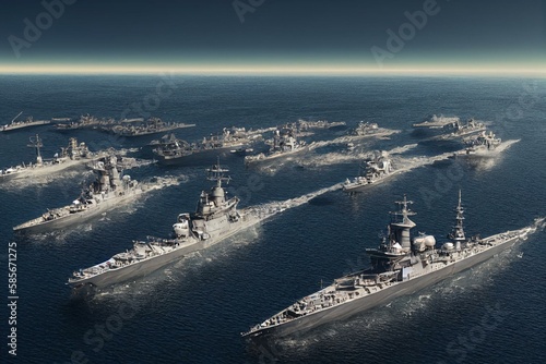 a fleet of aged battleships at sea Fototapet