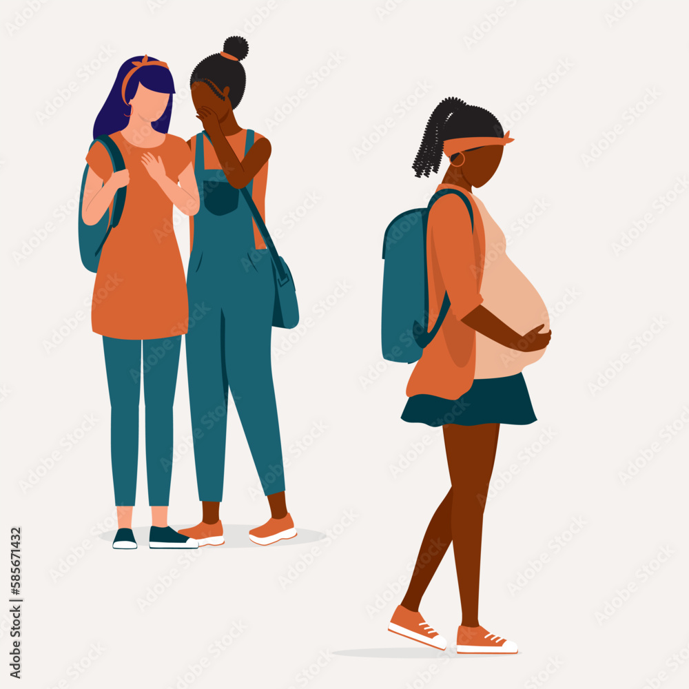 Looking Down Black Pregnant Teenage Girl With Two School Girls Talking Behind Her Back. Full Length. Flat Design Style, Character, Cartoon. Looking Down Black Pregnant Teenage Girl With Two School Girls Talking Behind Her Back. Full Length. Flat Design Style, Character, Cartoon.