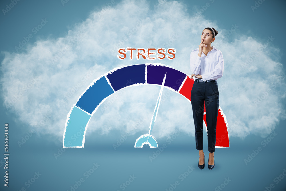 Attractive thoughtful busiesswoman with rising stress level scale on ...