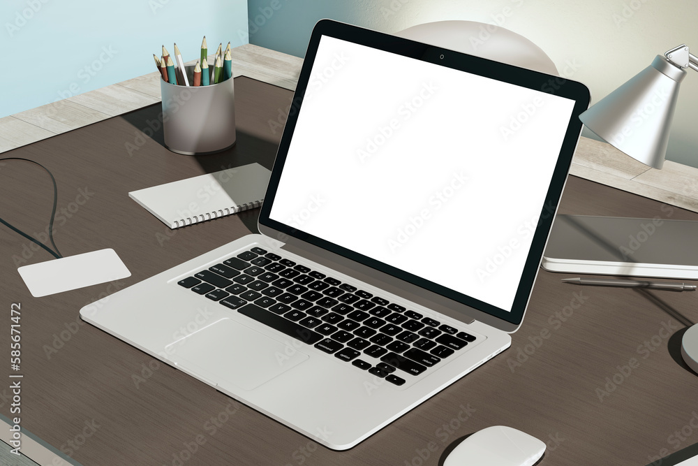 Close up of creative designer desk top with blank white laptop screen and supplies. Mock up, 3D Rendering. Workplace design concept. Close up of creative designer desk top with blank white laptop screen and supplies. Mock up, 3D Rendering. Workplace design concept.