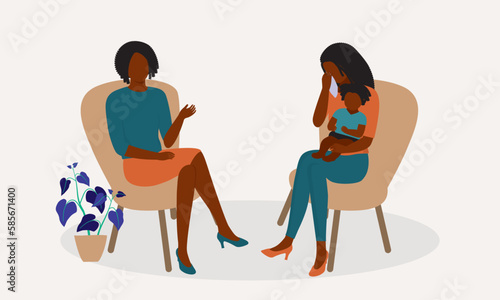Depression Black Mother With Baby Crying While Sharing Her Struggles With Her Counselor Or Therapist. Full Length. Flat Design Style, Character, Cartoon.