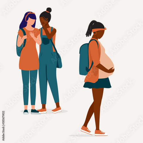 Looking Down Black Pregnant Teenage Girl With Two School Girls Talking Behind Her Back. Full Length. Flat Design Style, Character, Cartoon.