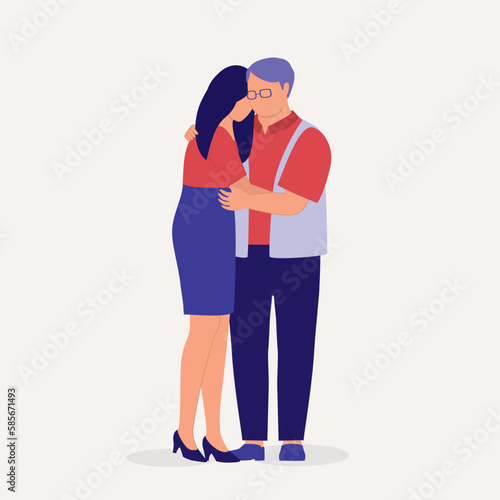 Senior Father And Adult Daughter Hugging Each Other Lovingly. Full Length. Flat Design Style, Character, Cartoon.