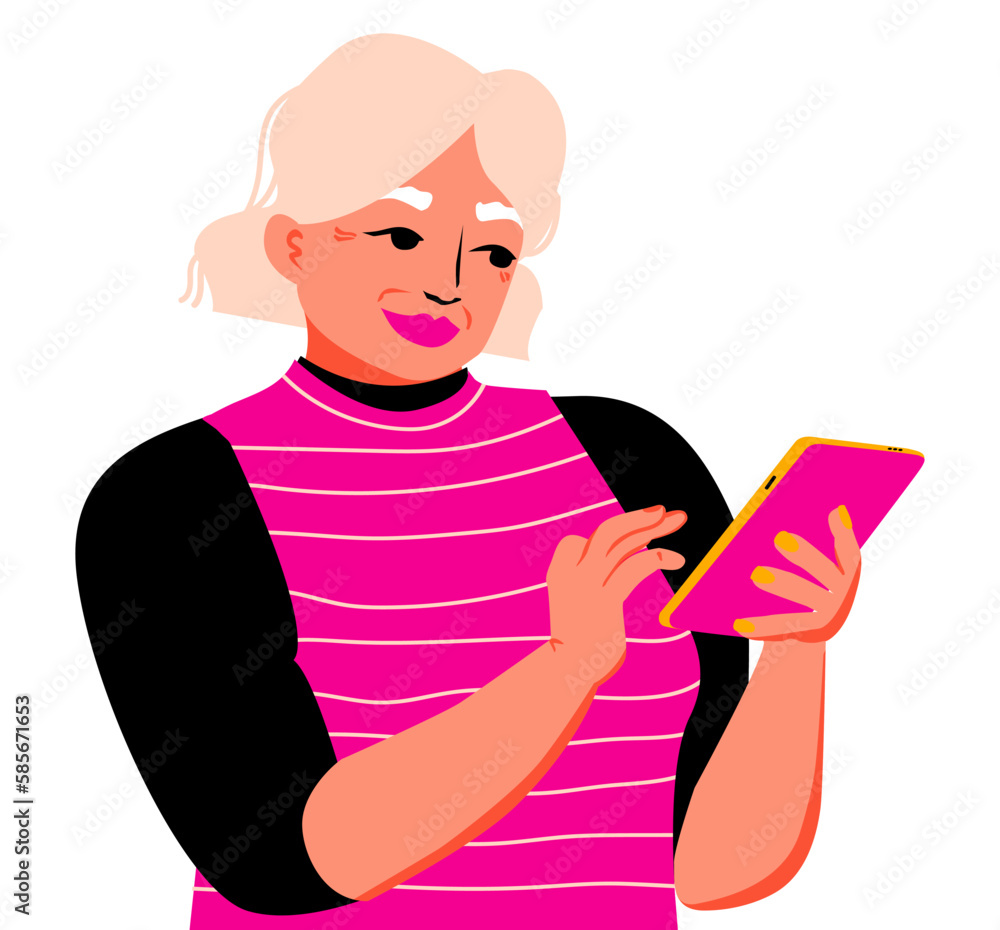 Elderly woman looking on smartphone  and typing a text. Old lady chatting on Phone. Vector illustration