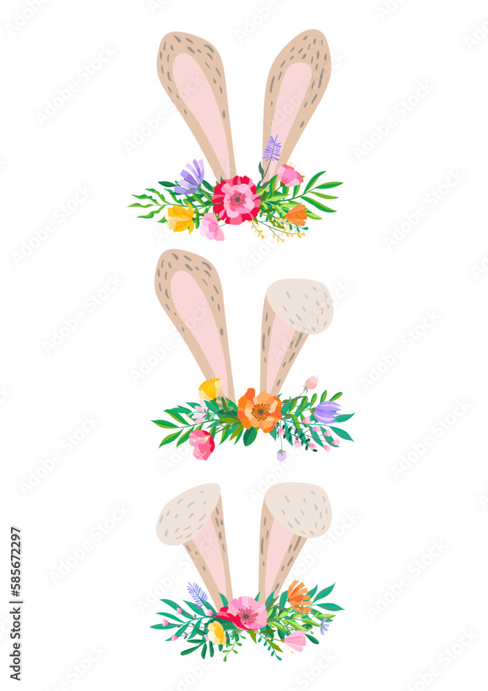 Set of Happy Easter vector illustrations. Trendy Easter design with flowers and bunny ears in soft colors. Set of Happy Easter vector illustrations. Trendy Easter design with flowers and bunny ears in soft colors.
