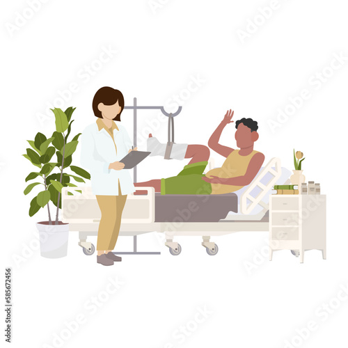 Doctor visiting a patient with a broken leg. Upset man with plaster on the ankle in hospital room flat vector illustration.