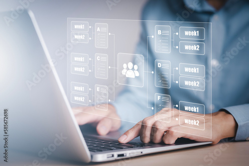 Working on laptops with Planning analysis and Project management online, Business people working laptops with the Project manager, software development or project management, boards on screen. Process