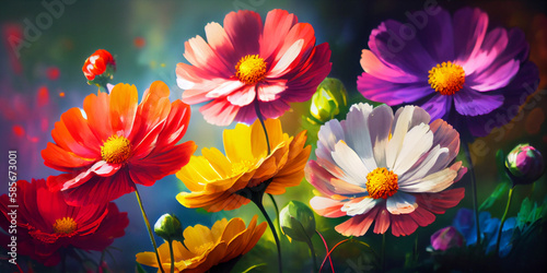 Colorful beautiful multicolored flowers Zínnia spring summer in Sunny garden in sunlight on nature outdoors. Ultra wide banner format