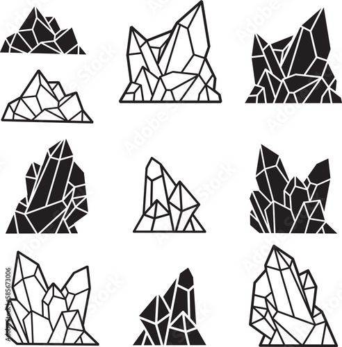 Set of black and white graphic crystals, outline silhouette illustration