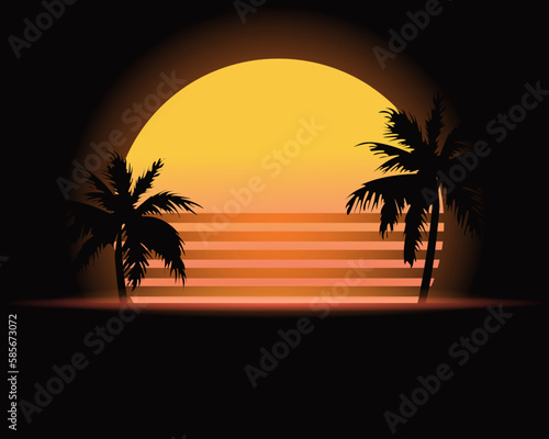 Retro style tropical sunset with palm tree silhouette and gradient background. Classic 80s design vector illustration. © Vovmar