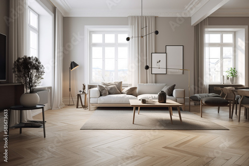 Modern living room interior design with white walls and wooden floor, 3d render © praja
