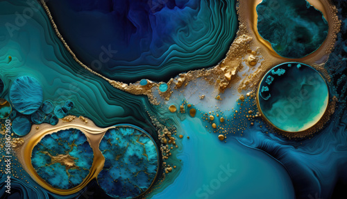 Beautiful Teal and Blue Paint Swirls with Gold Glitter. Modern Art Wallpaper. Generative AI. photo
